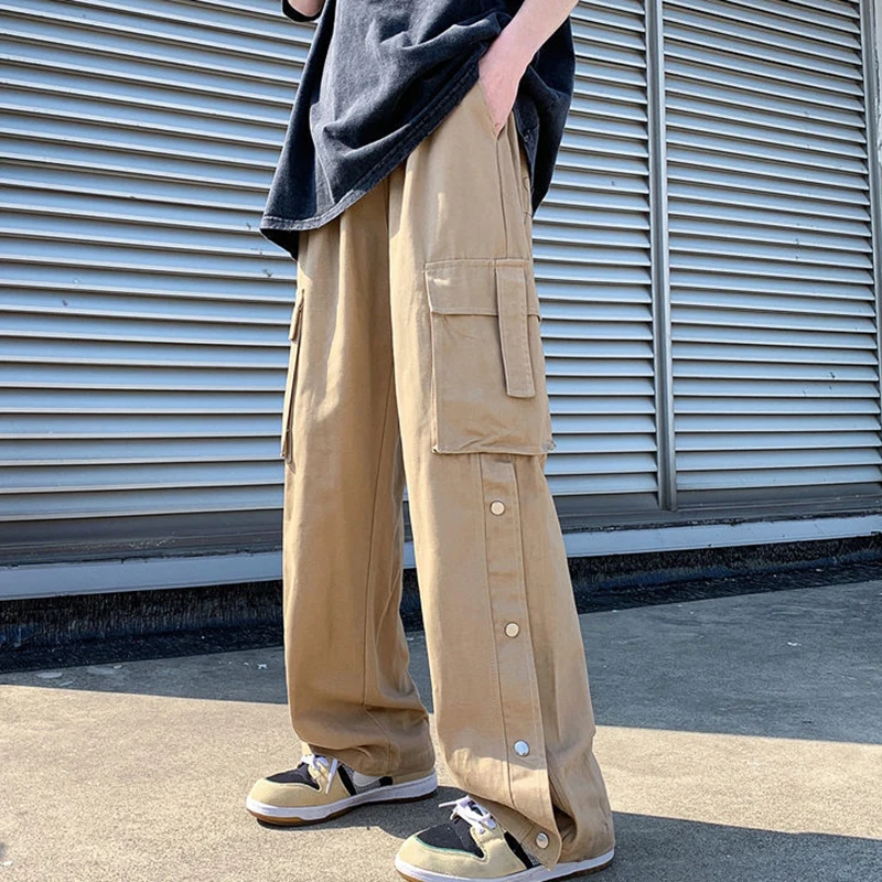 

Rimocy Unisex Wide Leg Cargo Pants Women 2022 Autumn Buttons Elastic Waist Pants Woman Streetwear Joggers Baggy Trousers Female