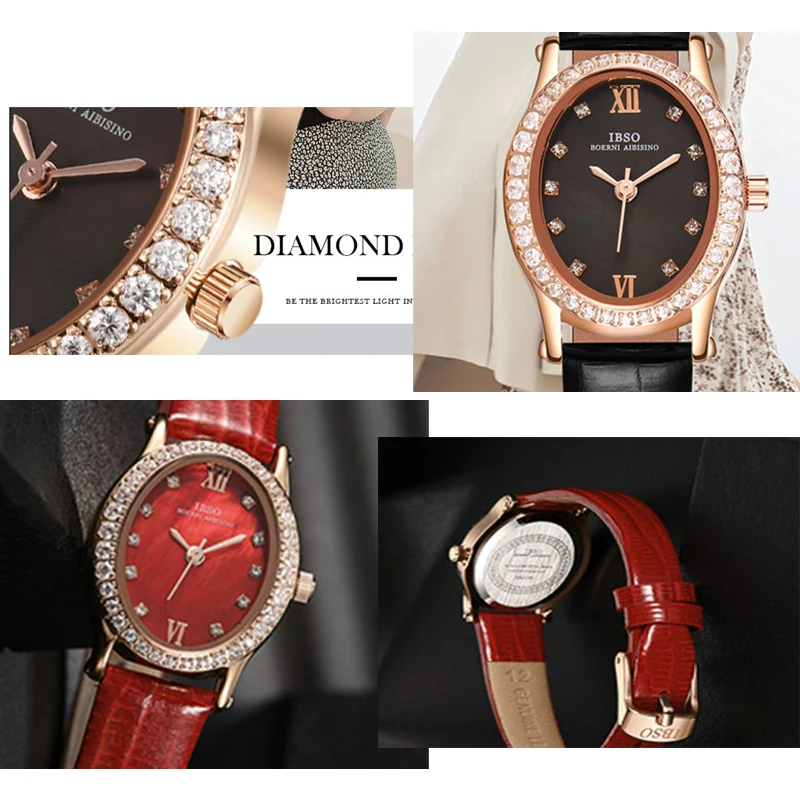 Elegant Diamond Watches Women Oval Bracelet Luxury Brand Ladies Purple Watch Red Leather Strap Crystal Pink Dial Girl Hand Clock enlarge