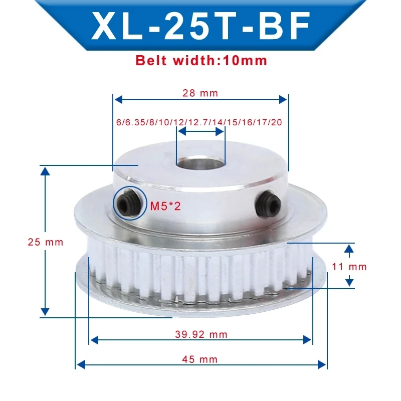 

XL 25T Timing Pulley Bore 5/6/8/10/12/14/16mm Teeth Pitch 5.08mm Aluminum Pulley Wheel Teeth Width 11mm For 10mm XL Timing Belt