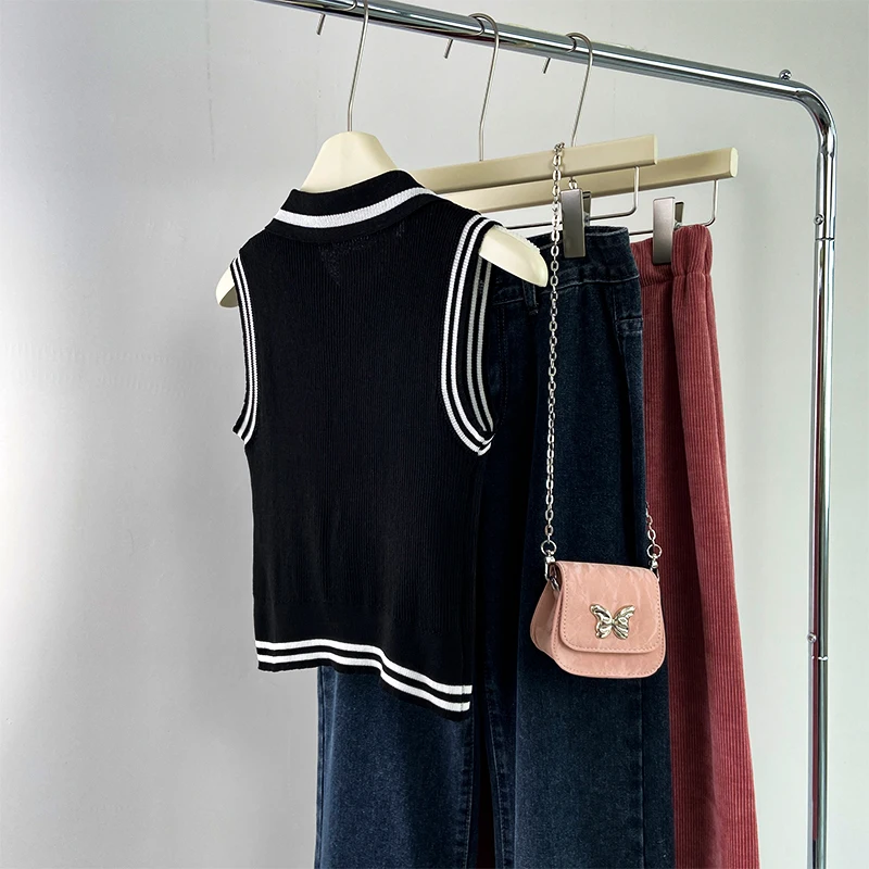 Корейский Стильный элегантный черный топ-поло Sle с воротником Женская летняя