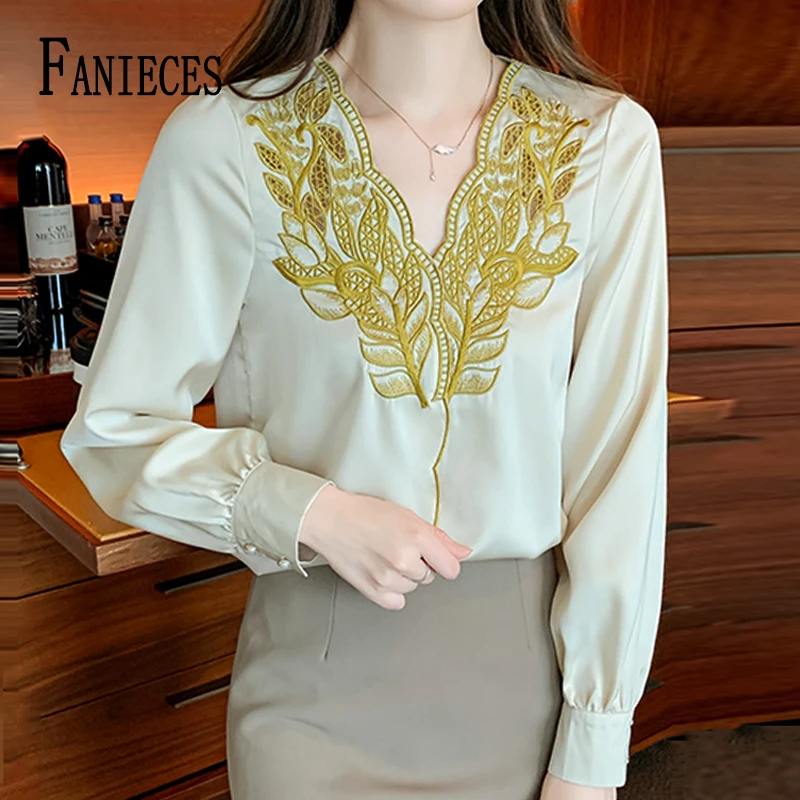 Роскошная шифоновая рубашка FANIECES с золотистой вышивкой и V-образным вырезом