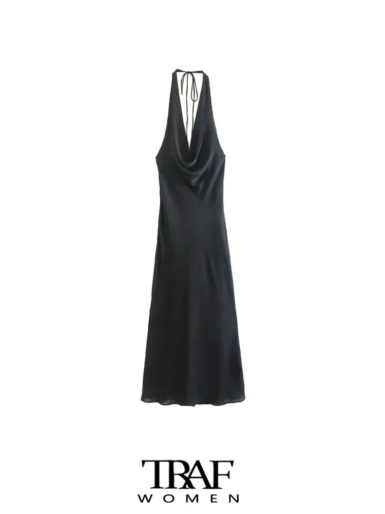 

TRAF Women Fashion With Tied Flowy Draped Midi Dress Vintage Halter Neck Sleeveless Female Dresses Vestidos Mujer