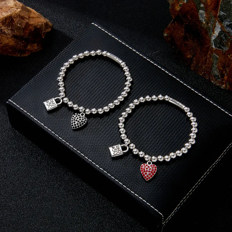 

Fashion Women Men Silver Color Stainless Steel Red Black Zircon Heart key Lock UN 50 Chain Bead Bracelet Jewelry