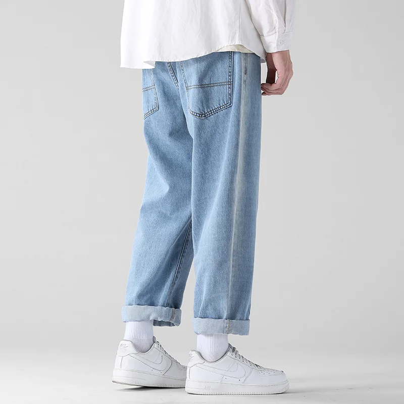 2021 Autumn New Men's Light Blue Baggy Jeans Korean Style Denim Wide-leg Pants Elastic Waist Trousers Male Brand Clothes