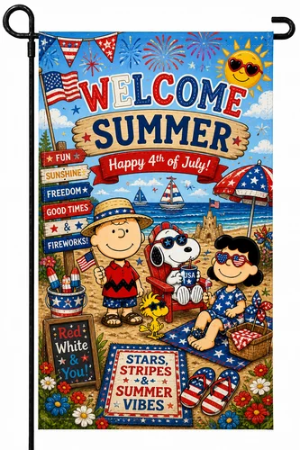 Фото Флаг для сада 12x18, двусторонний, с надписью «Welcome SUMMER», с изображением Снупи и Чарли Брауна, новинка ко Дню независимости США (4 июля), TTN №1