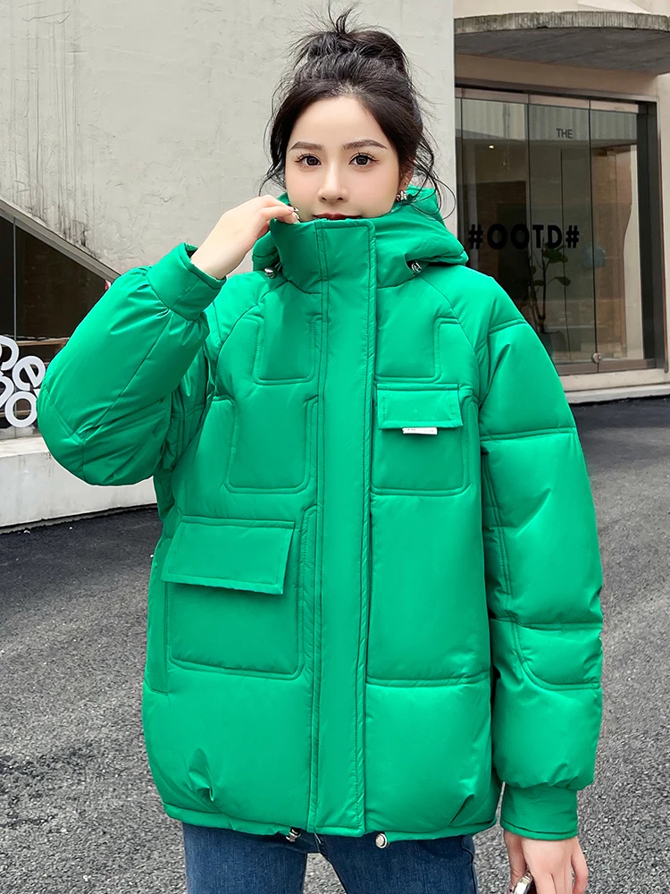 New Winter Puffer Jacket Women Fashion Loose Multiple Pockets Thick Woman Parkas Hooded Bubble Coats