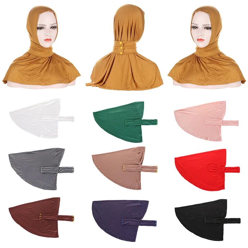 

Fastener Hijab Full Cover Head Wraps Turbante Mujer Turban Caps Head Scarf Fashion Buttons Islam Women Muslim Solid Color Hat