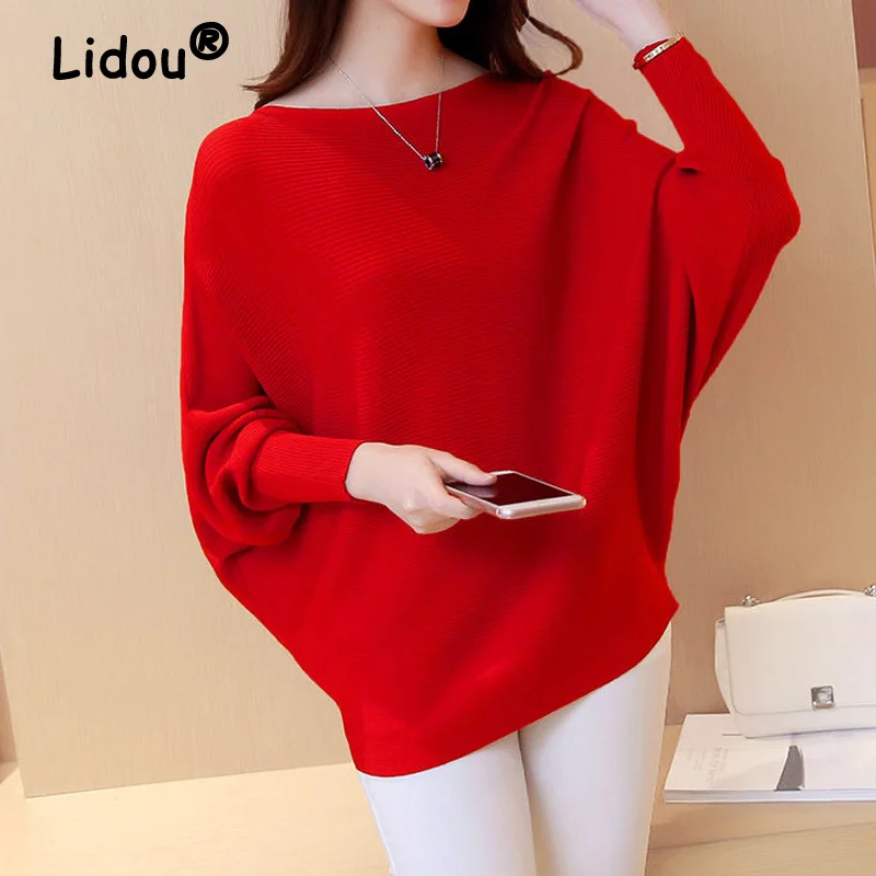 

Pullovers Elegant Fashion Casual Long Batwing Sleeve Slash Neck Loose Knitted Solid Tops Spring Autumn 2022 New Women's Sweater