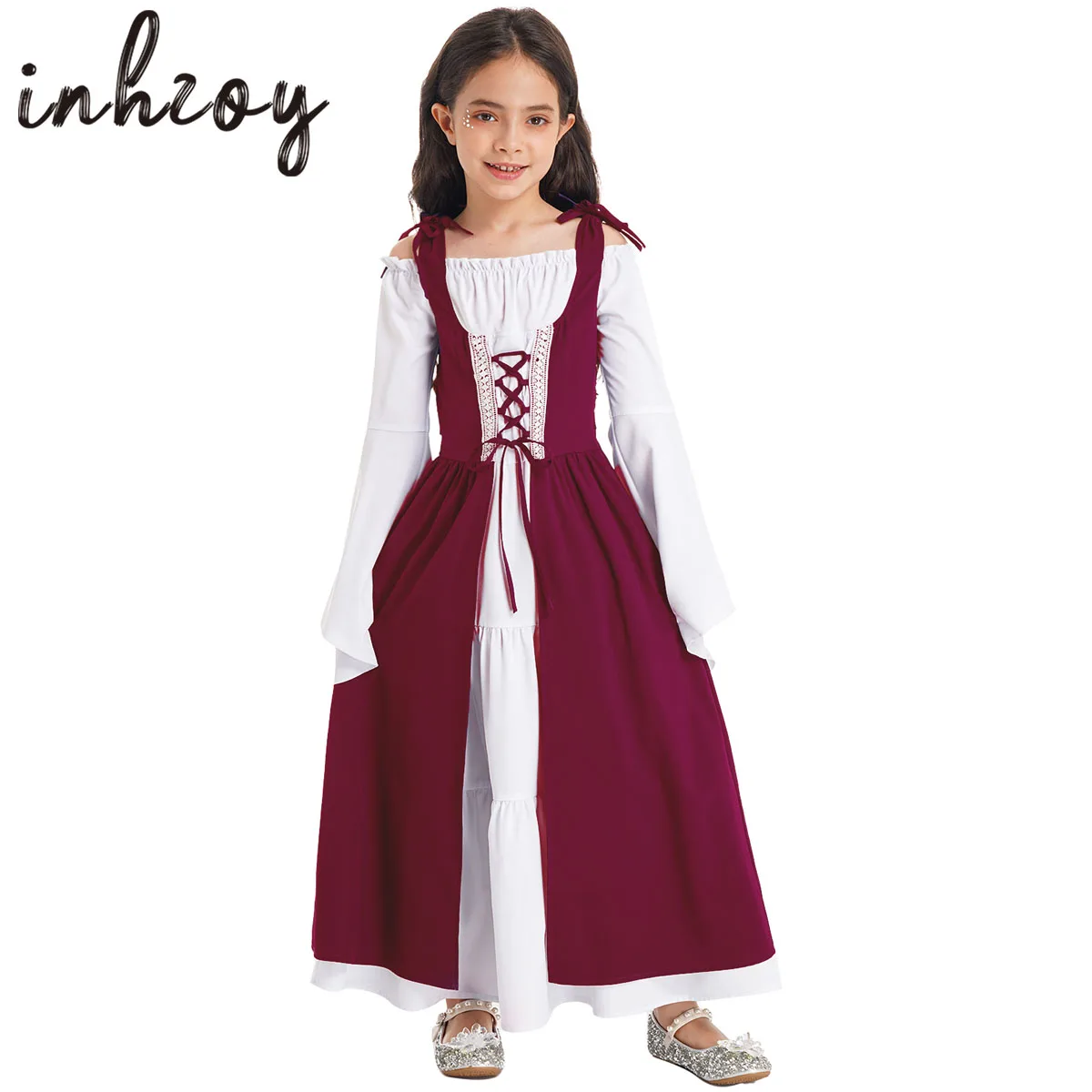 

Детское винтажное платье принцессы эпохи Возрождения, костюм средневековой принцессы с длинными расклешенными рукавами, бальное платье в стиле ретро, платье вампира для косплея