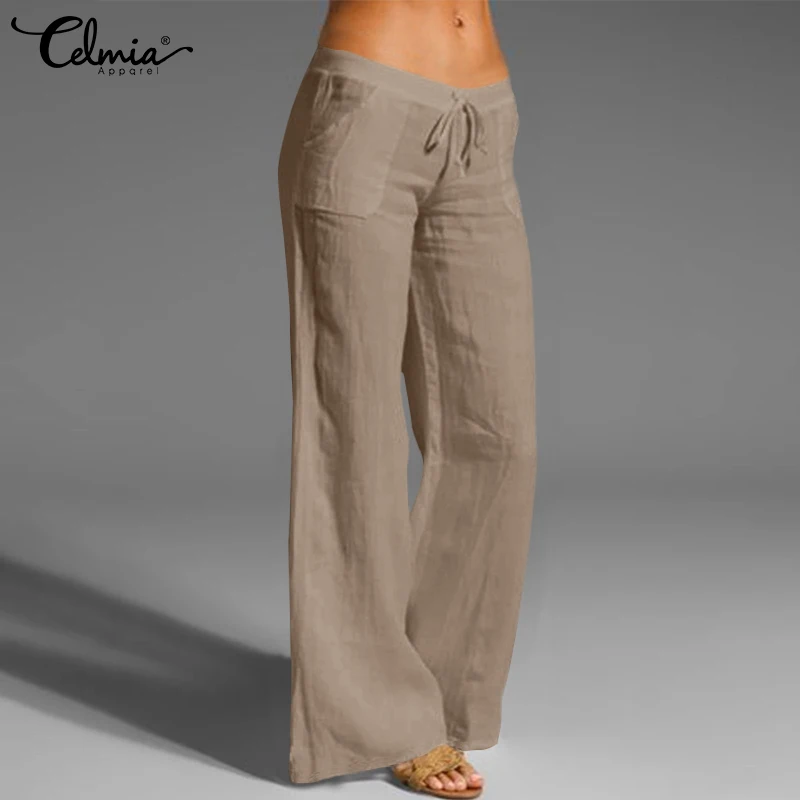 

Celmia 2022 Fashion Women Wide Leg Pants Vintage Cotton Pants Summer Casual Long Trousers Solid Elastic Waist Pantalon Oversized