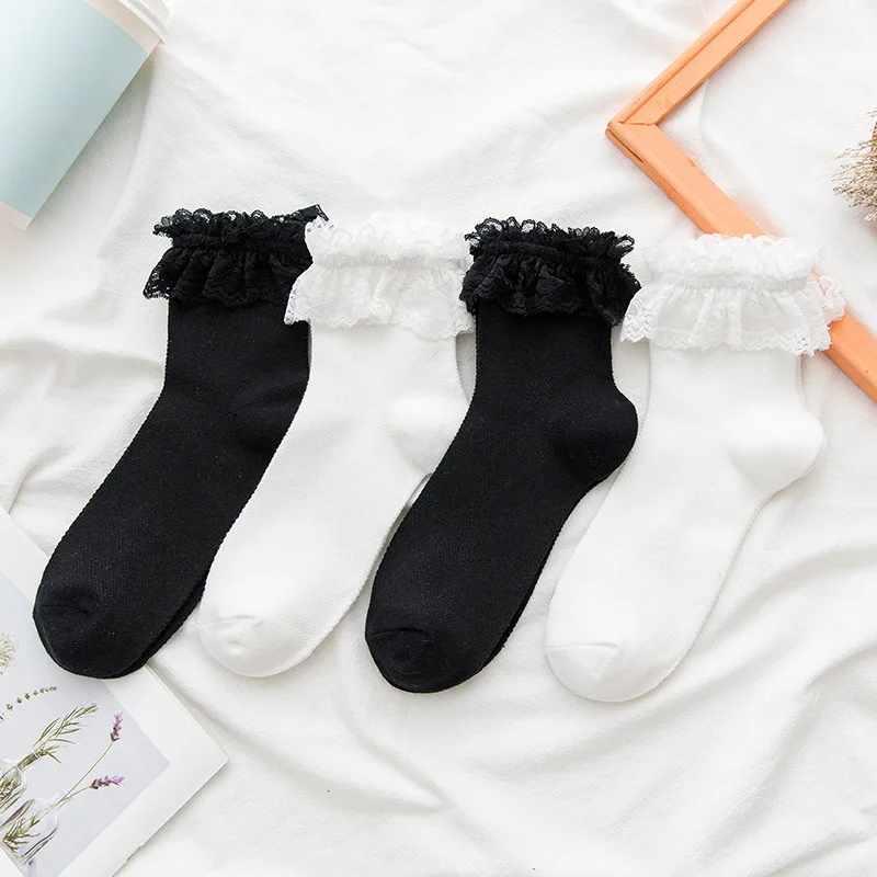 Women Socks Lace Lolita Jk Japanese Style White Black Solid kawaii Girl Cotton Cute Ankle Socks For Famale носки женские Kawaii