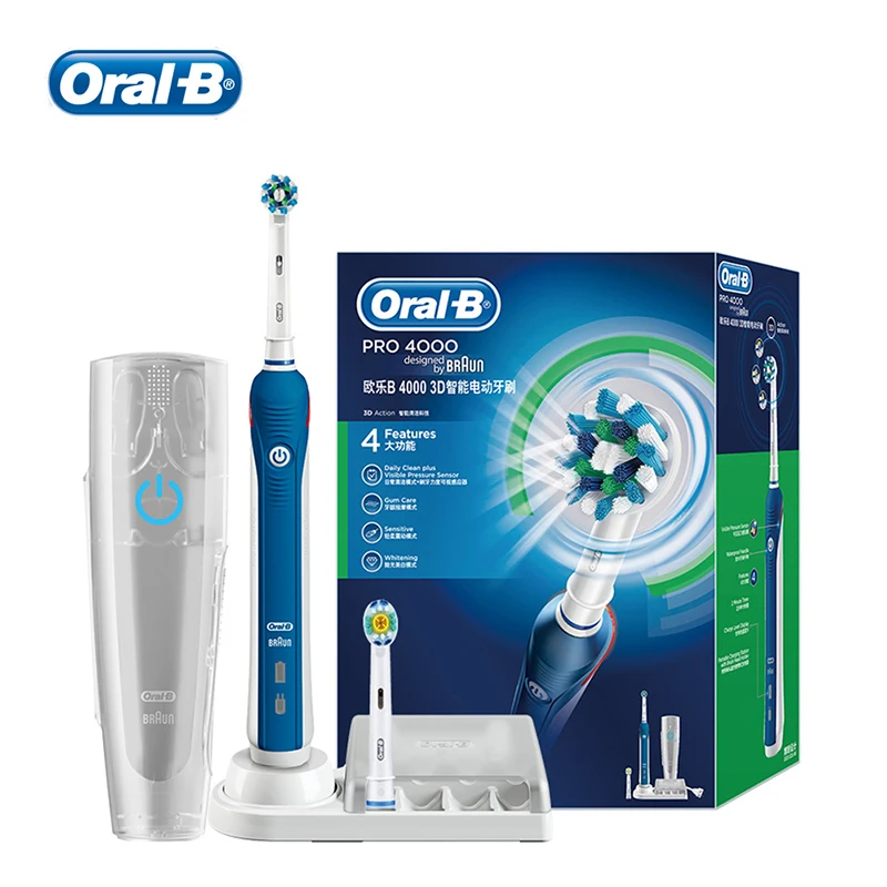 

Oral B электрическая зубная щетка Oral B 4000 зубная щетка 4 режима очистки с датчиком давления чехол для путешествий 2 головки