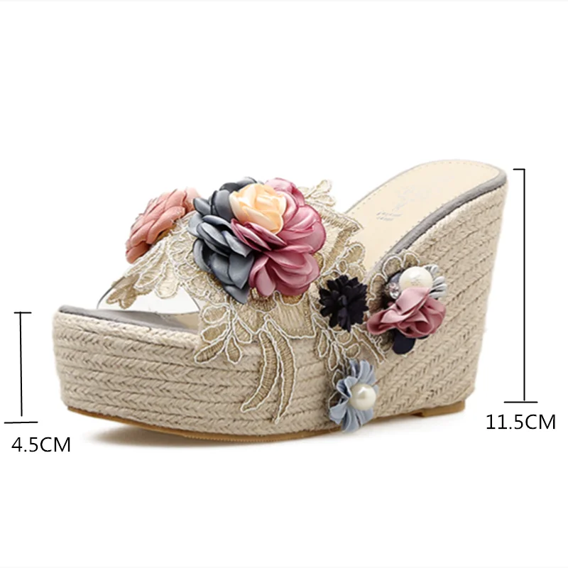 

2022 Summer New Flower Grass Woven Pearl Transparent Slope Heel High-heeled Slippers Women Open Toe Flat Bottom Women Shoes