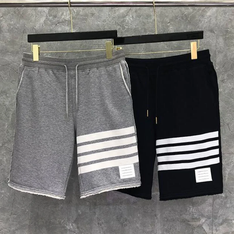 Summer Cropped Trousers Boys Outdoor Casual Fashion Beach Cotton Knee Length Striped Jogger Grey Black Lace-up Pants