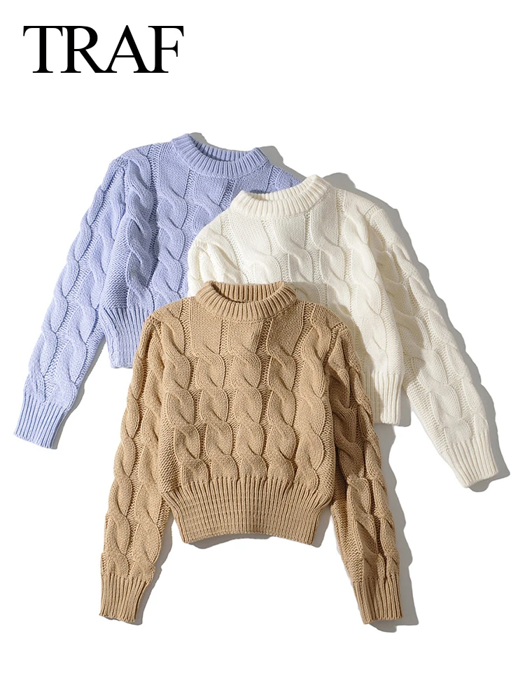 

TRAF Women's Knit Thick Pullover Round Neck Solid Round Neck Retro Threaded Warm Sweater Women's Casual Elegant Chic Top