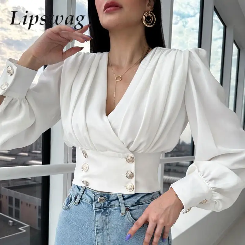 

Commuting Elegant Lantern Sleeve Botton Blouse Sexy Pleat Deep V Neck Slim Women's Shirt Office Autumn Casual Solid Fashion Tops