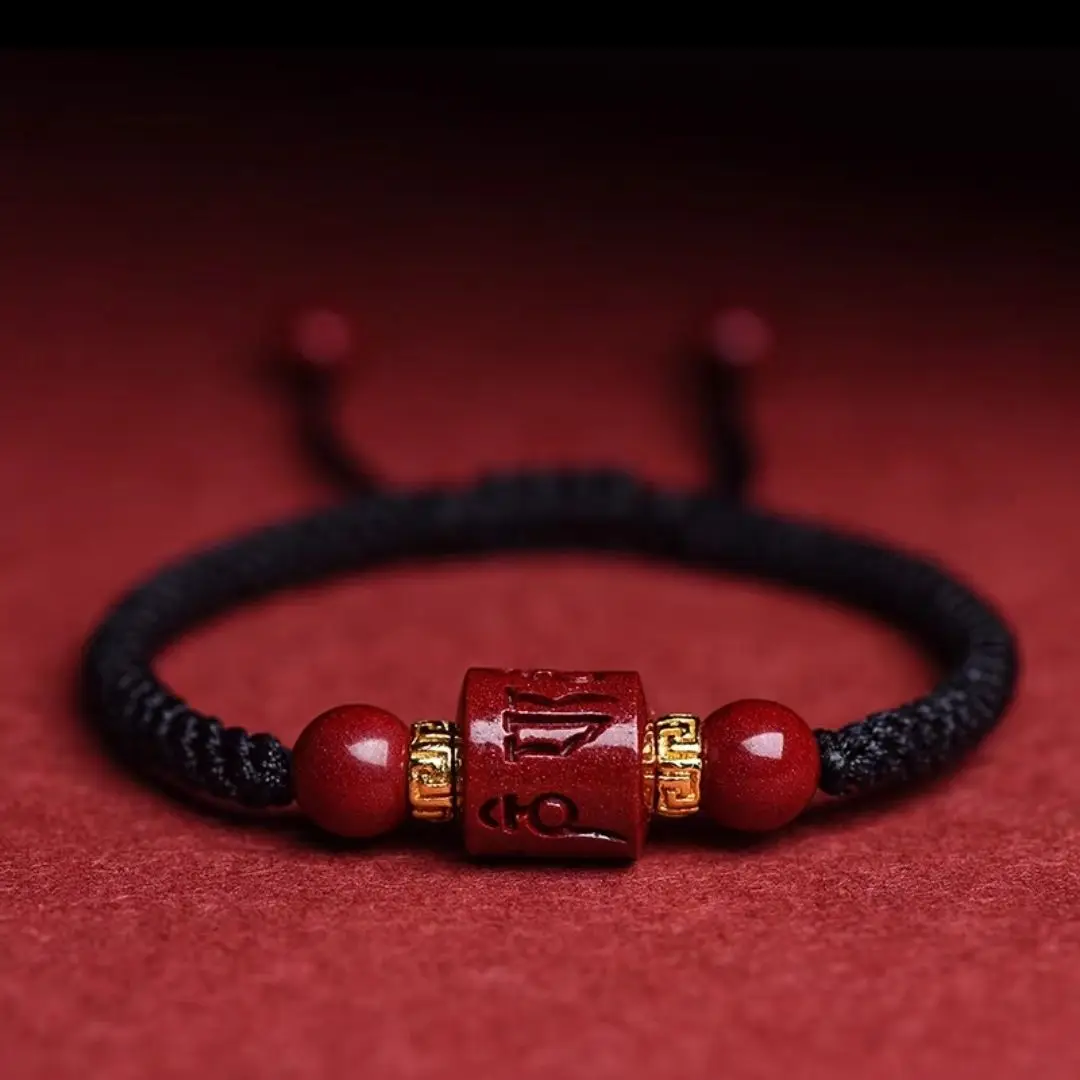 Handmade Adjustable Cinnabar Chinese Zodiac Bracelet with Six Word Mantra and Vajra Knot Lucky Charm Bracelets for Women and Men