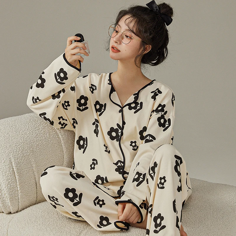 Spring Fall Fashion Faux Cotton Long Pajama Women Stylish Flower Sleepwear Sets Girl