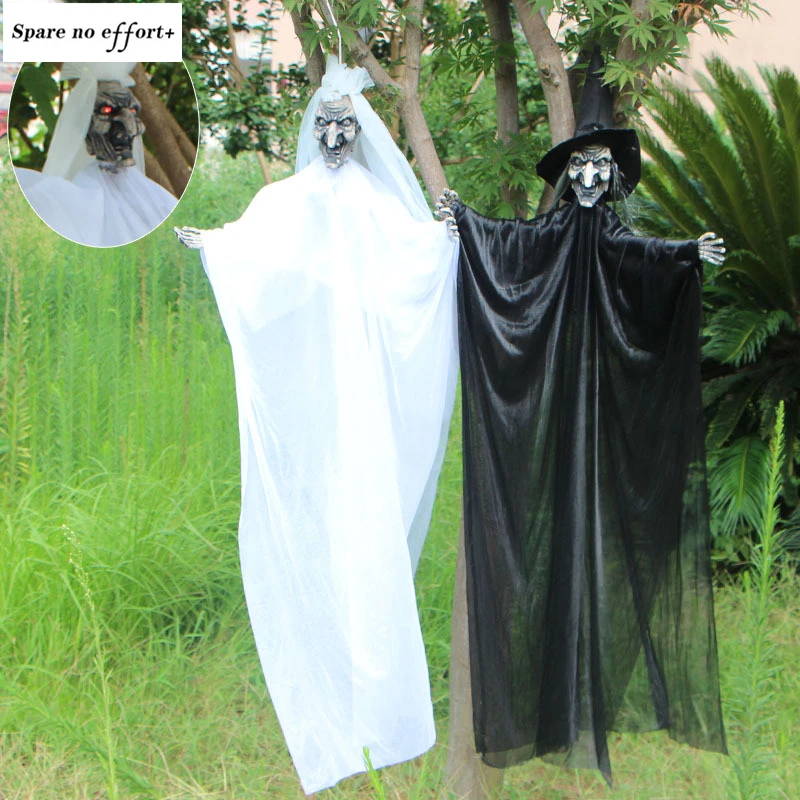 

Halloween Hanging Witch Ghost Scary White Female Ghost with Veil Eyes Glowing Electric Props Haunted House Home Party Decoration