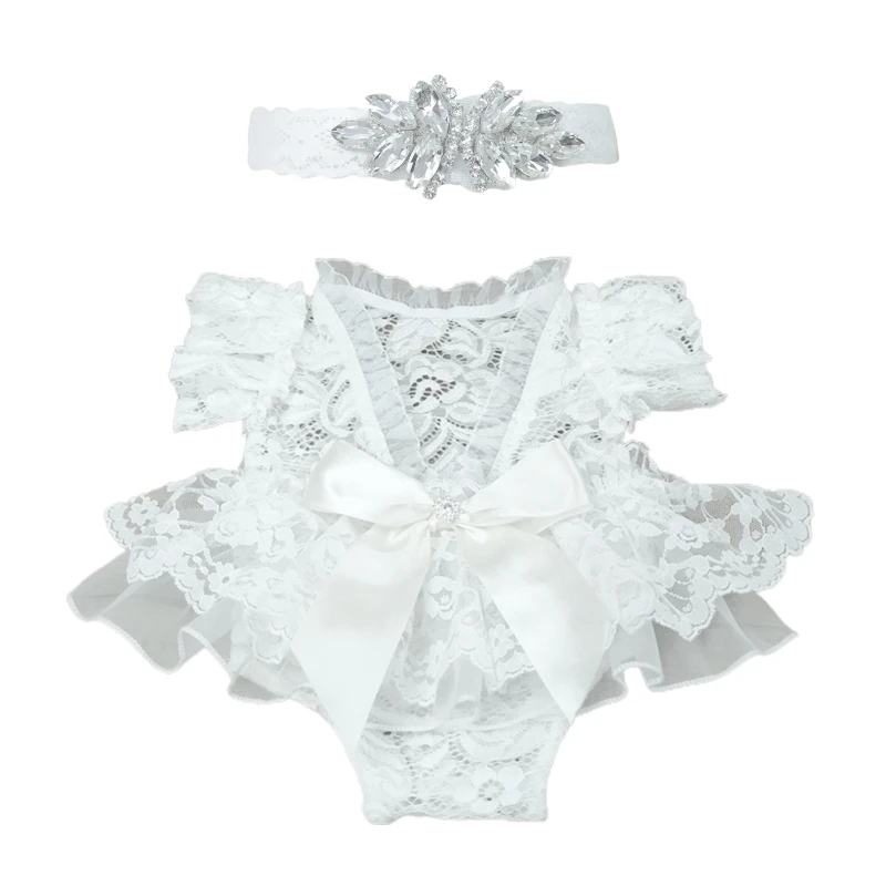 

2 Pcs/Set Newborn Photography Props Baby Girls Lace Romper Rhinestones Headband Set Lace Jumpsuit Bodysuit Hairband
