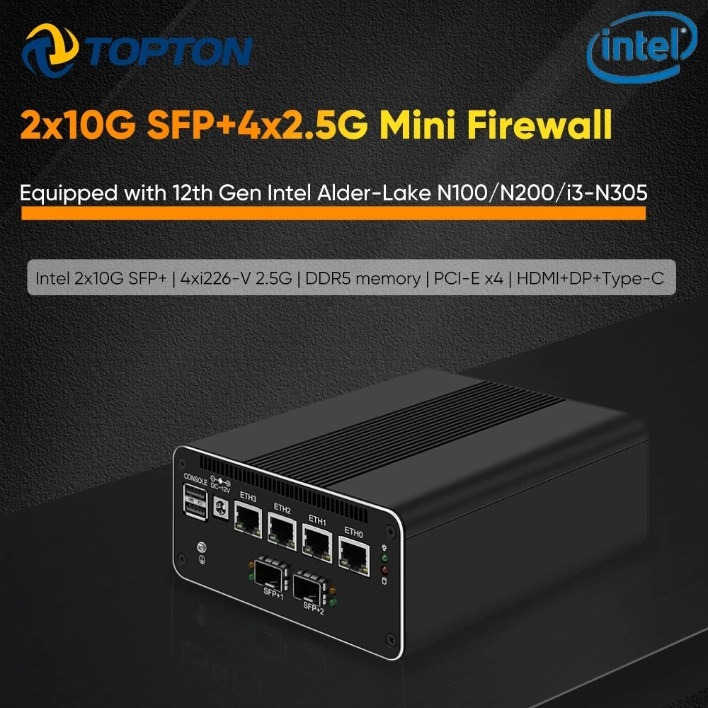 Мини-ПК Topton 4x i226-V 2.5G 12-го поколения брандмауэр 2*10G SFP Intel i3-N305 N200 N100 DDR5 NVMe
