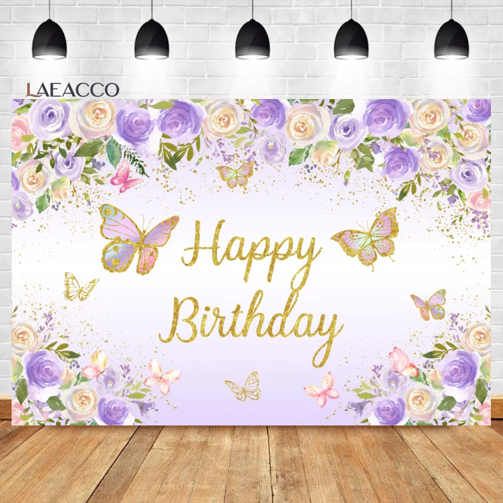 

Laeacco Фиолетовый Бабочка день рождения фон Акварель Цветочный Золотой блестящий для девочек Дети Портрет индивидуальный фон для фотосъемки