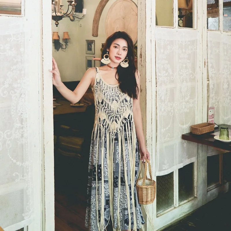 

Retro Ethnic Style Women's Hollowed Out Long Tassel Halter Casual Handmade Outerwear