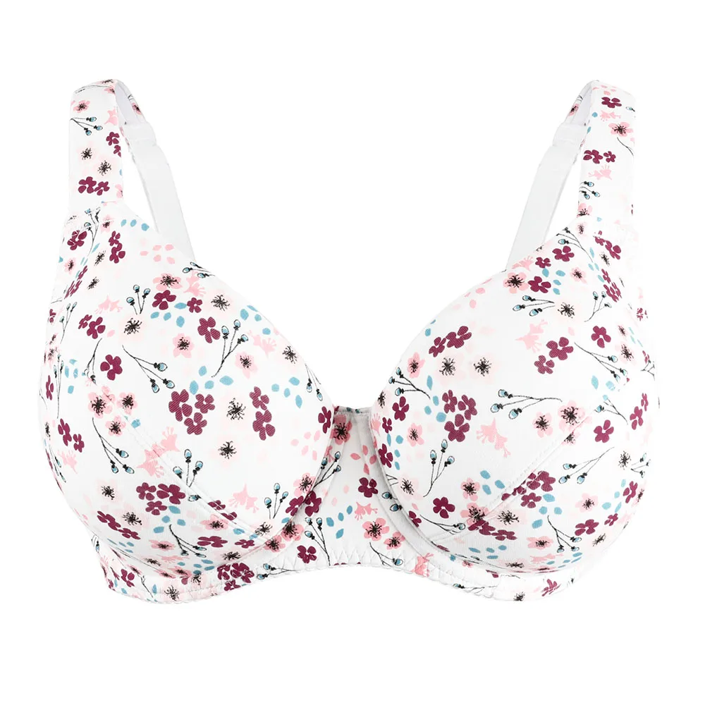 Plus Size Bra Comfort Breathable Bras Women's Underwired Adjustable Flower PrintingTop Full Cup Bra For Women B C D DD E F G