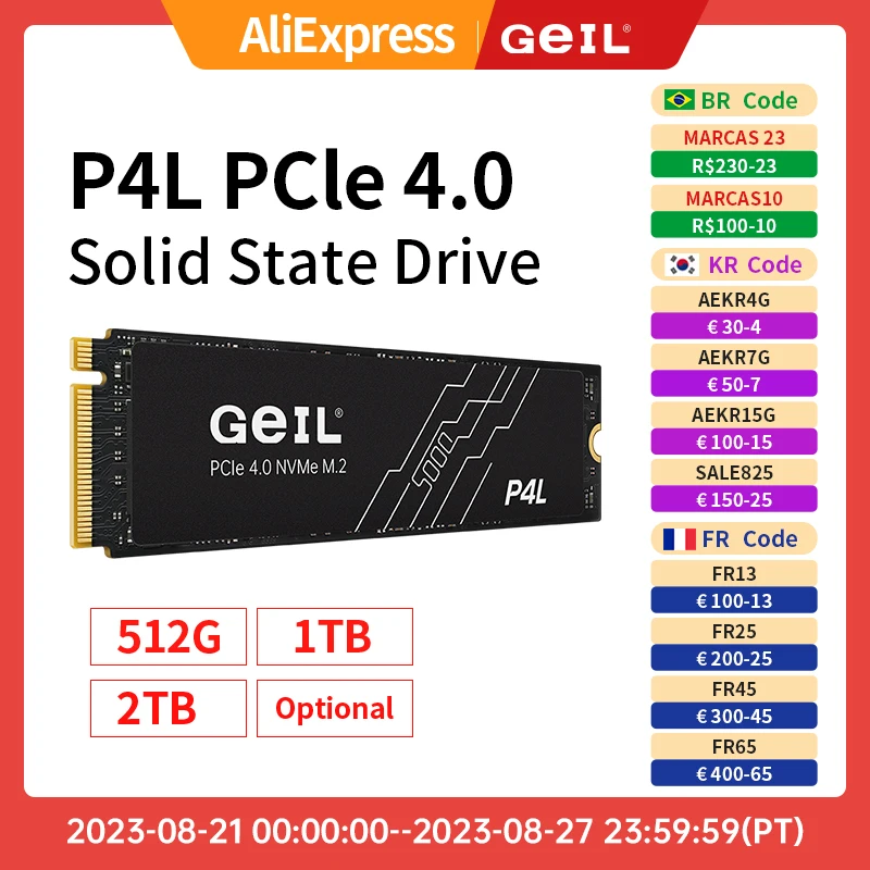 

GeIL P4L Internal Solid State Drive M2 SSD 512GB 1TB 2tb 4TB M.2 NVME 1.4 PCIe 4.0 SSD Disk Gen 4X4 2280 For PS5 Desktop Laptop