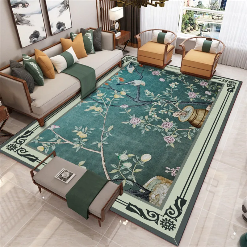 

Modern Chinese Flower And Bird Print Large Mat Classic Pastoral Rug Living Room Bedroom Rug Home Non-Slip Mat