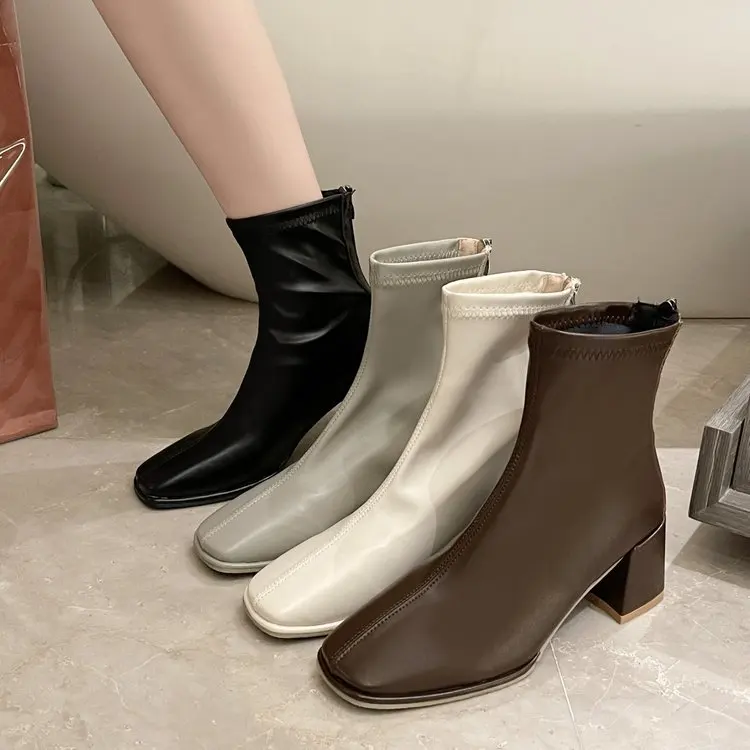 

Женские ботильоны на молнии, серые/черные/коричневые повседневные короткие ботинки на квадратном каблуке, обувь для весны и осени, 2022
