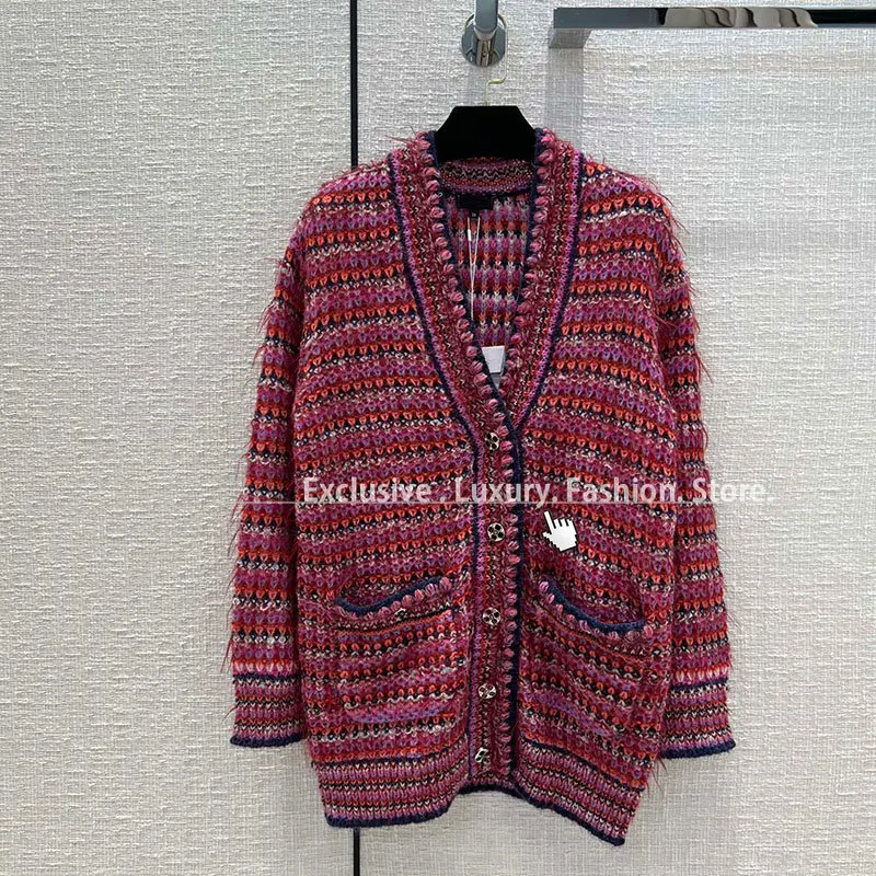 

Best Version 1:1 Women Sweater Autumn Wool Silk Blend Stripes V-Neck logo buttons Long Sleeve Knitted Cardigan Jumper Sweaters
