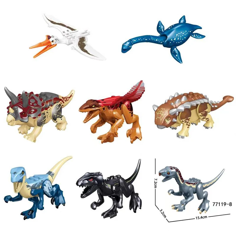 

8pcs/lot MOC Creative Jurassic Dino World 3 Tyrannosaurus Building Kits Bolcks Bricks Dinosaurs Park figures Toys kids gifts