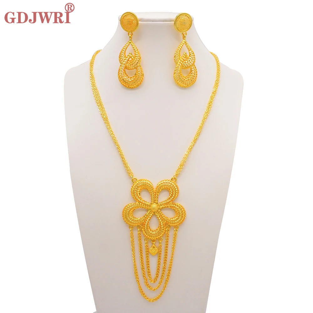 

Fashion Tassel Chain Dubai Gold Color Jewelry Sets For Women Ethiopian Pendant Necklace & Earrings Indian African Jewellery