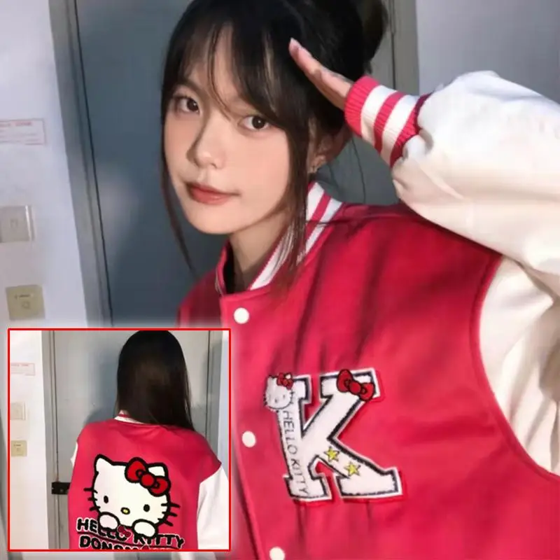 

Hello Kittys Hoodie Baseball Uniform Sanrios Preppy Rose Red Flocking Anime Embroidery Kawaii Autumn Winter Long Sleeve Coat