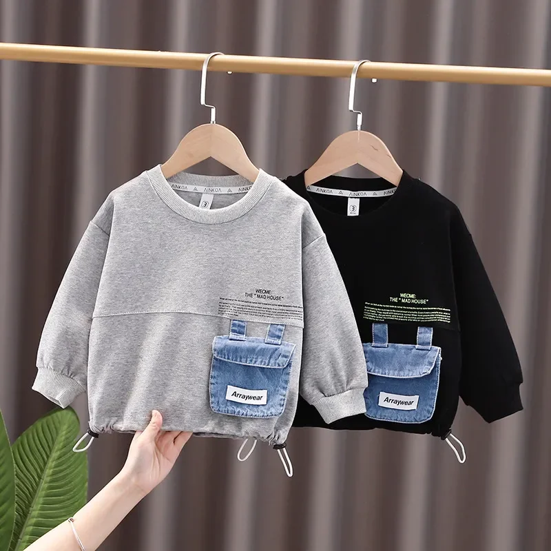 

1-7 Yrs Baby Boys Round Neck Letter Patchwork Sweatshirt Clothing Spring Autumn Kid Clothing Baby Top Black Grey Color Outerwear