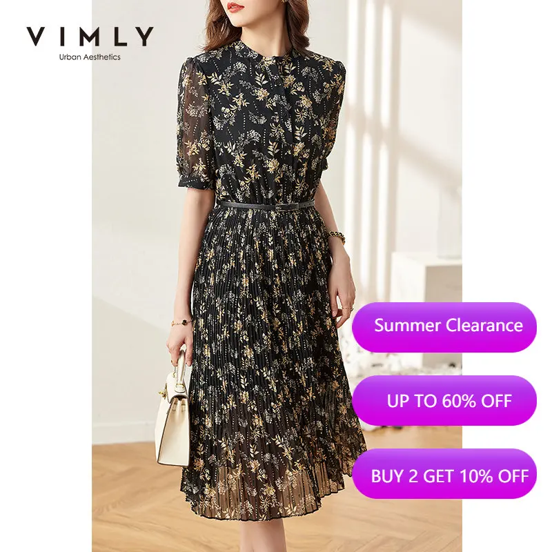 

VIMLY Summer Women Dresses Fashion New Stand Collar Floral Dress Elegant High Waist Sashes Maxi Dresses Female Vestidos F7712