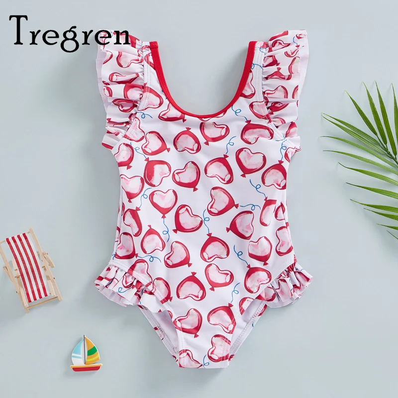 

Tregren Kids Girl Swimsuits Heart Balloon Print Ruffles Flying Sleeve Swimwear Summer Beachwear Swimming Pool Bathing Suits