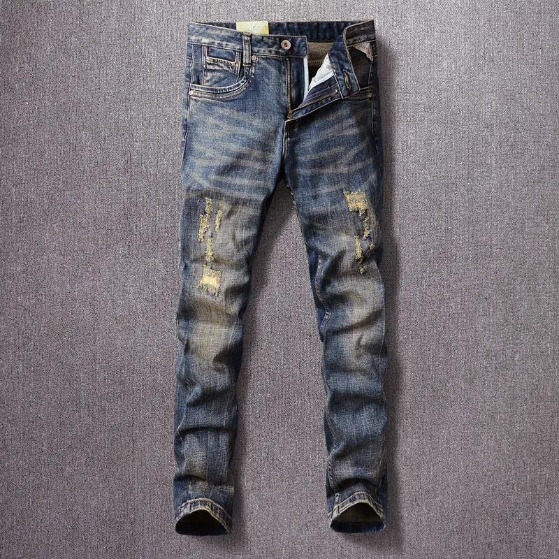 Fashion Vintage Men Jeans Retro Dark Blue Elastic Stretch Slim Ripped Jeans Men Embroidery Patched Designer Denim Pants Hombre