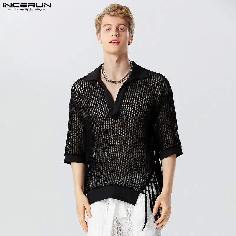

Casual Fashion Style Tops INCERUN New Men Hollowed Micro See-through Tassel Shirt Stylish Solid Lapel Short Sleeved Blouse S-5XL