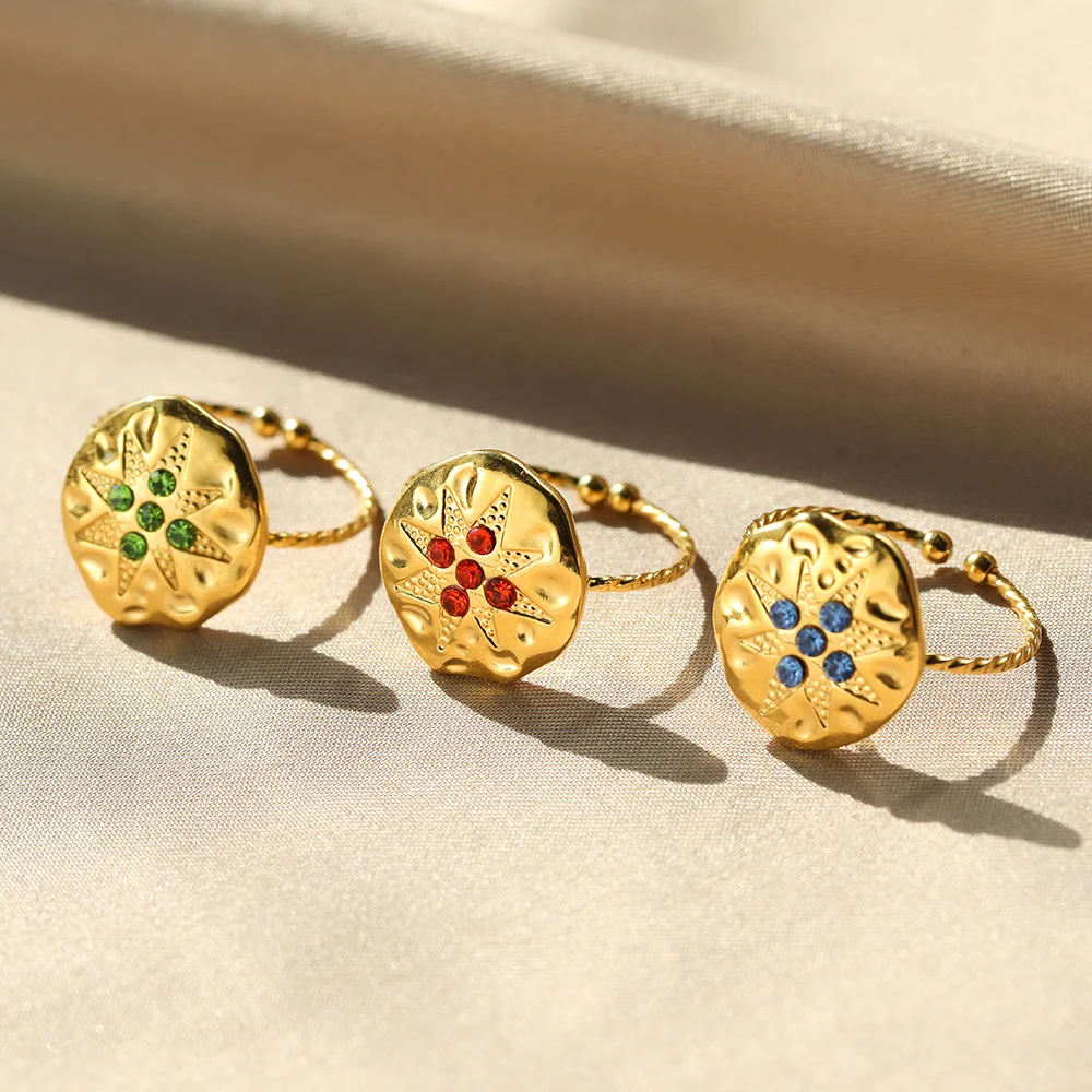 

Stainless Steel Zirconia Rings 8-Pointed Star Pattern Ring Women Daily Work Opening Adjustable Jewelry Birthday Gift Accessory