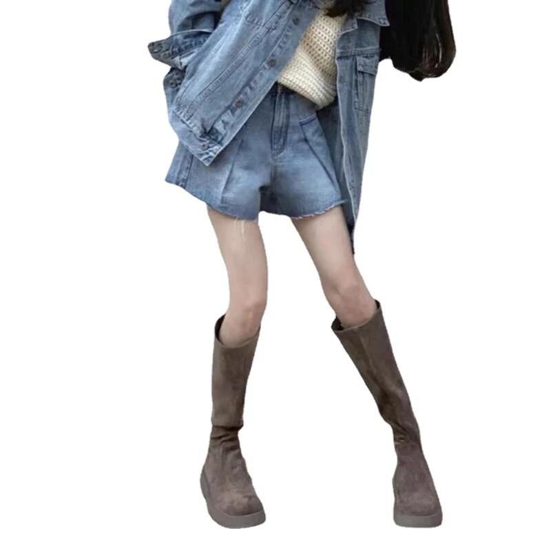 

Western Boots Woman Slip On Platform Shoes Cow Suede Leather Cowgirls Botas Cool Shoes Spring Autumn Mid Calf Boots Simple Style