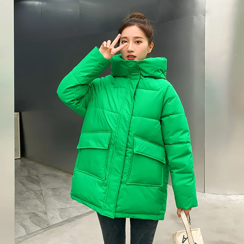 Enlarge Autumn Winter Thicken Warm Medium Long Chic Parka Women Casual Sweety Solid Color Big Pocket Loose Hooded Coat Jackets Outwear