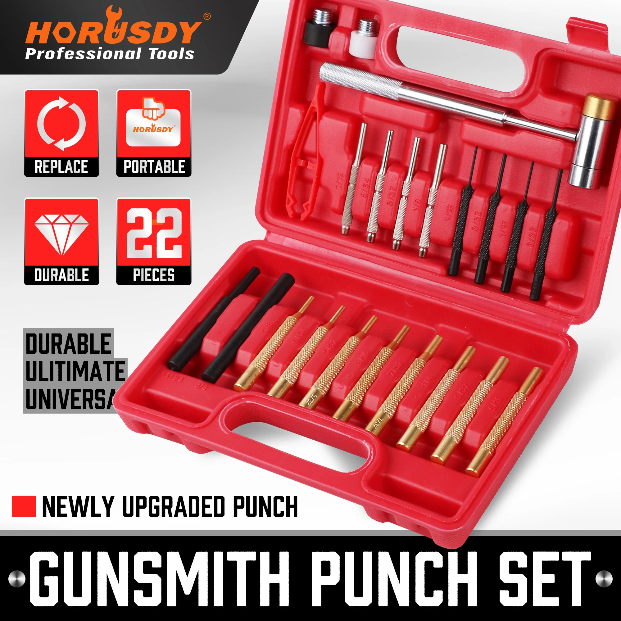 HORUSDY New 22PC Hammer & Punch Set Brass Steel Plastic Punches Gunsmithing Maintenance Case