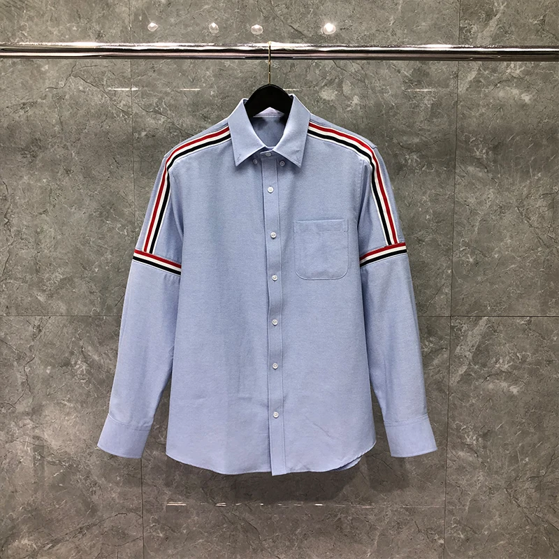 TB THOM Men‘s Shirt Spring Autumn Fashion Brand Clothes Ribbon Shoulder Vertical Stripe Cotton Oxford Casual Wholesale TB Shirts