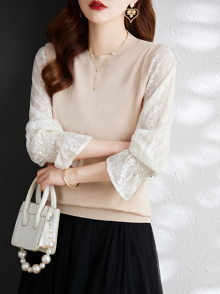 

Patchwork women top knit sweater pullover long flare sleeve o neck elegant office lady jumper blouses fashion blouses female