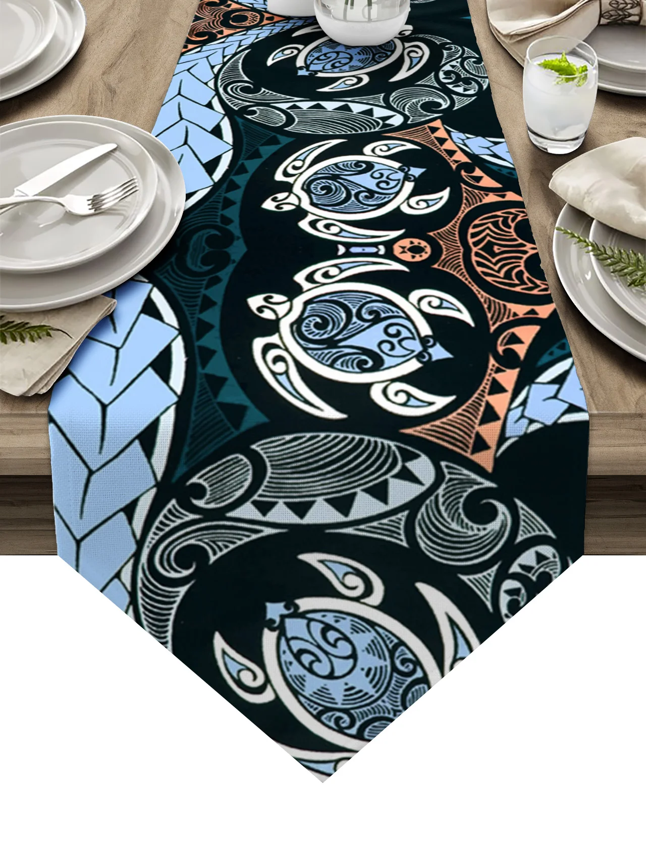 

Этническая полинезийская текстура, цветок, морская черепаха, синяя скатерть для стола, свадебное украшение, скатерть для вечерние, дома, кух...