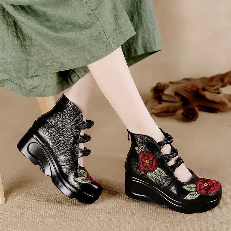 

Flower Women Sandals Wedge Shoes Casual Leather Fashion Embroidered Ladies Vintage Waterproof Platform High Heels