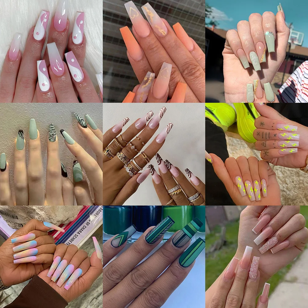 

24Pcs/Box Nail Art Press On False Nails Full Cover Long Ballerina Fake Nail Tips Detachable Reusable Artificial Nails