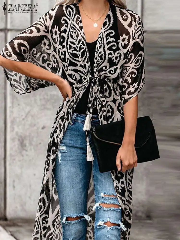 

2022 Summer See Through Cardigans Women Elegant Printed Cover Ups ZANZEA Chic Chiffon Maxi Kimonos Holiday Beach Tops Oversized